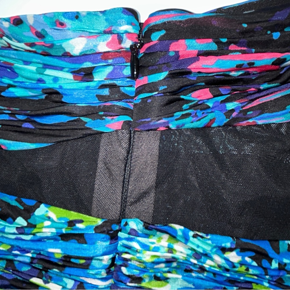 BCBG MaxAzria Runway Dutch Blue Print Jersey‎ Mesh Cap Sleeve Bodycon Dress M - Picture 9 of 16